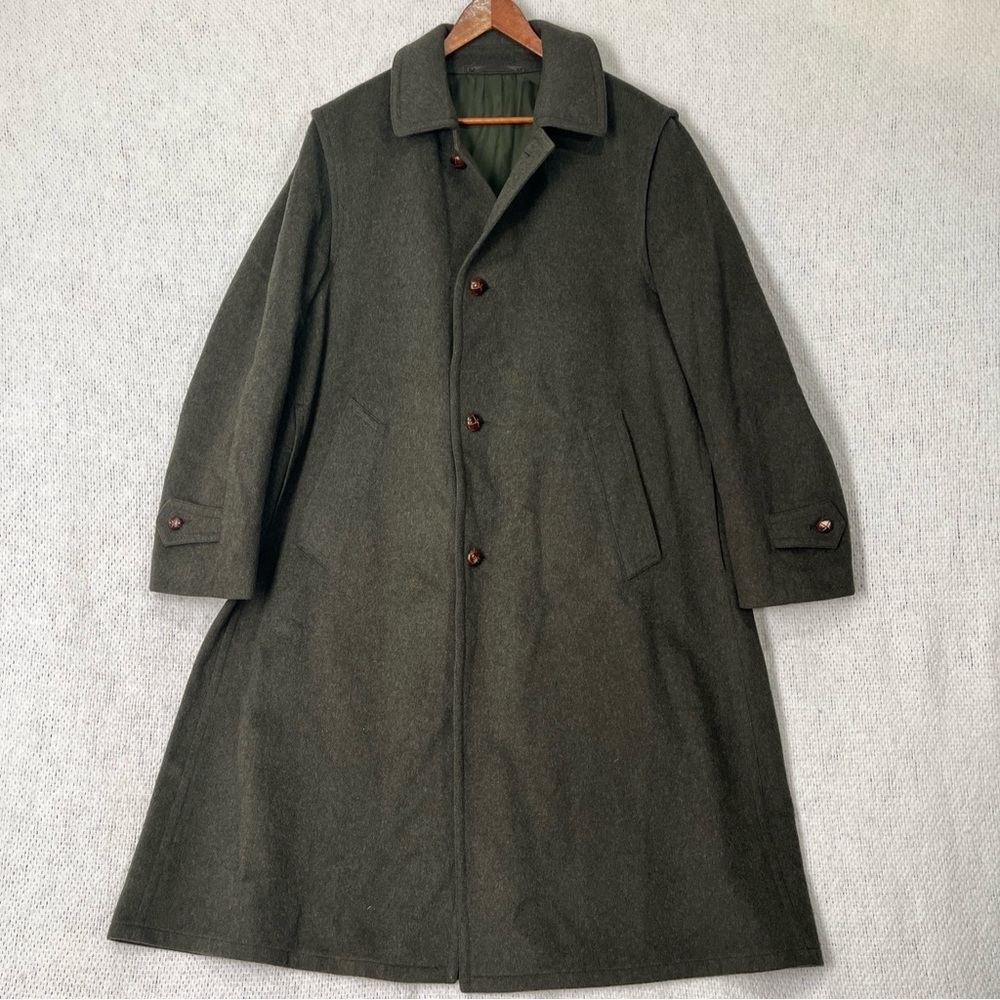 Vintage Wool Trench Coat Mens Large Long Green Classic Old Money Label Removed